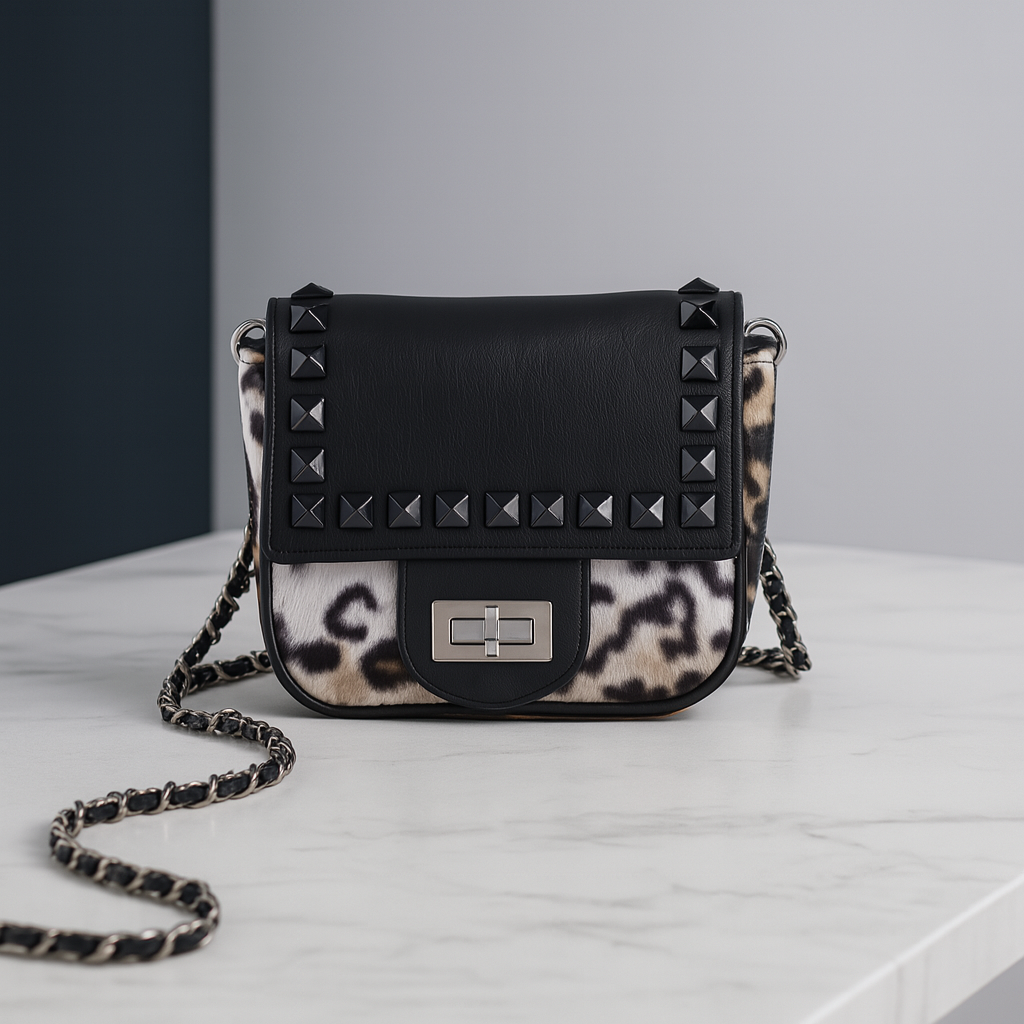 Umhängetasche Leopard Schwarz/Braun/Weiß Plüsch Tasche Studs Crossbody Damen