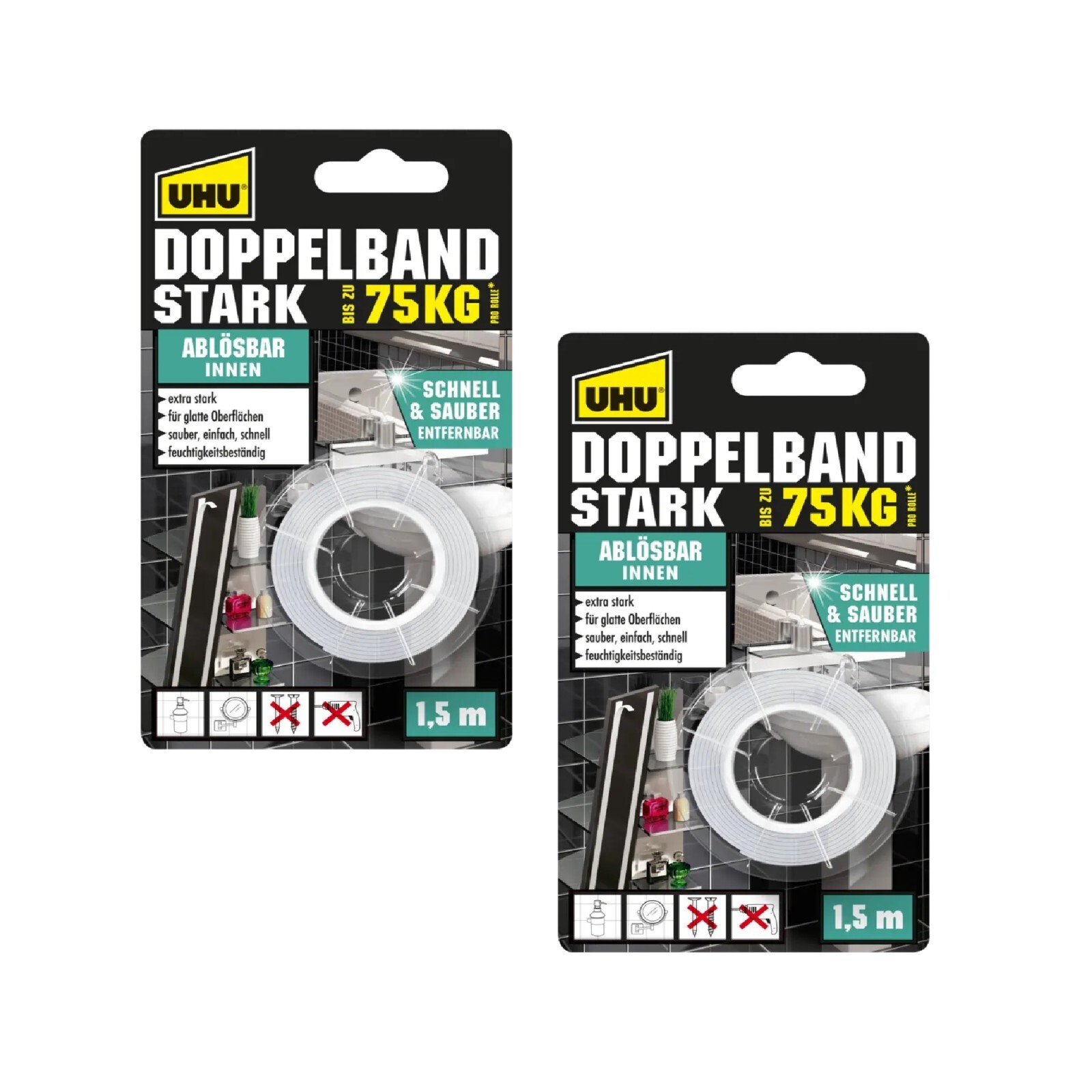 2x UHU Doppelband Stark bis zu 75kg 1,5m x 19mm Klebeband Montage ablösbar